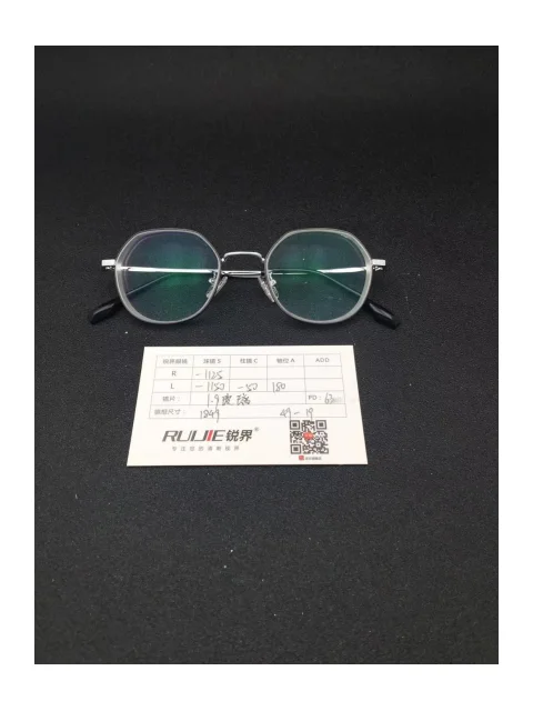 1.9超薄玻璃镜片 R:-1125 L:-1150/-50 PD:63 镜框：1849（49-19）